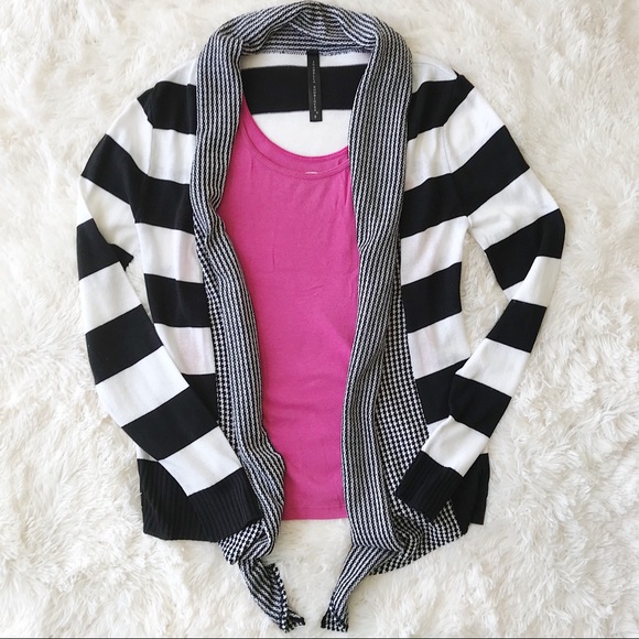 Black white striped check printed cardigan shawl collar waterfall Sz S - Picture 1 of 6